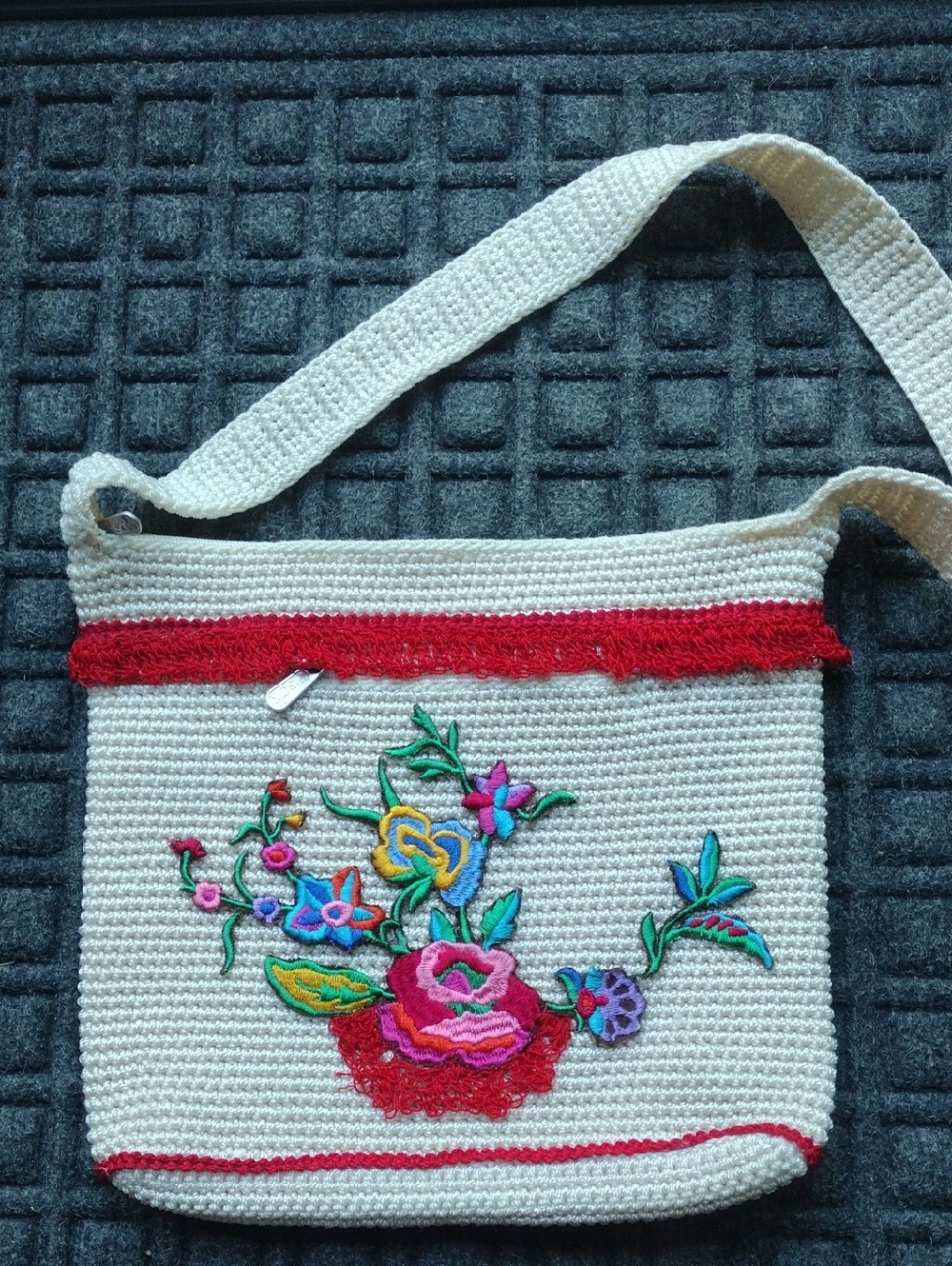 The Sak Cream Crochet Crossbody Bag with Colorful Floral Embroidery